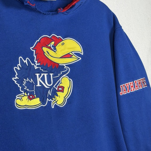 Kansas Jayhawks Mascot Logo Stadium Athletics Hoodie Pullover LG Y2K Cut Neck - Picture 3 of 11